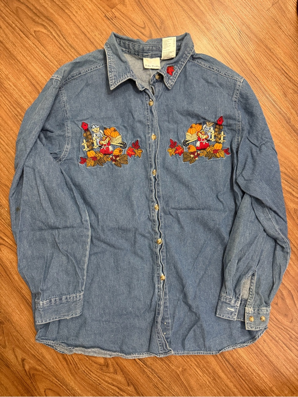 Bobbie Brooks Denim Button-Down Shirt with Autumn Embroidered Patchwork